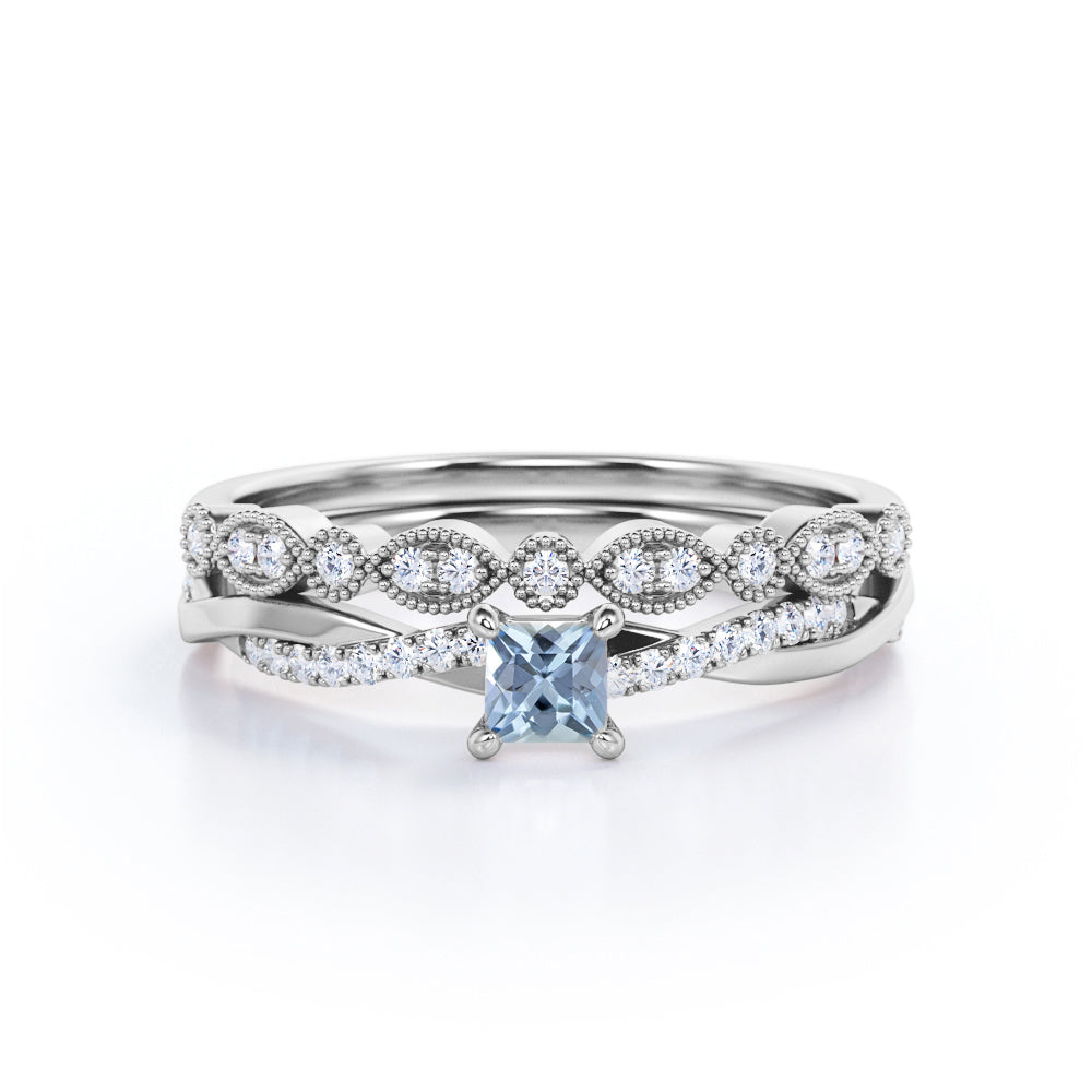 1.15 Carat Princess Cut Aquamarine And Diamond Twisted Wedding Ring Set In White Gold