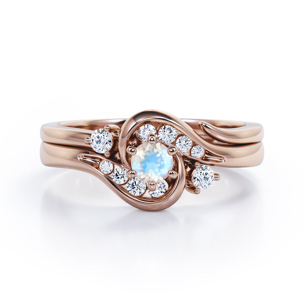 6 Prong Tension Design - 0.55 TCW Round Shaped Moonstone and Moissanite - Flush Chanel Wedding Ring Set - White Gold