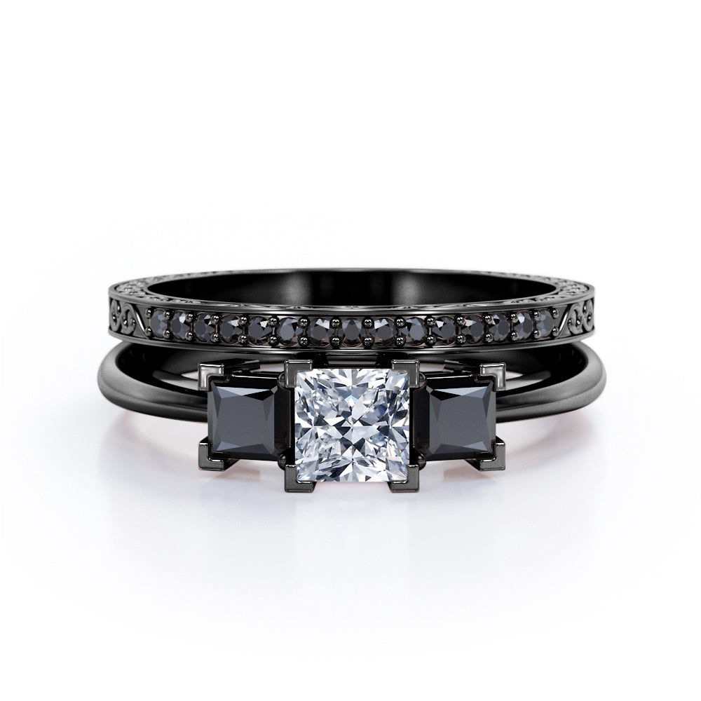 Triple Stone Square V-Prong 1.45 TCW Princess Cut Moissanite with Lab Created Black Diamond Filigree Wedding Set in Rose Gold