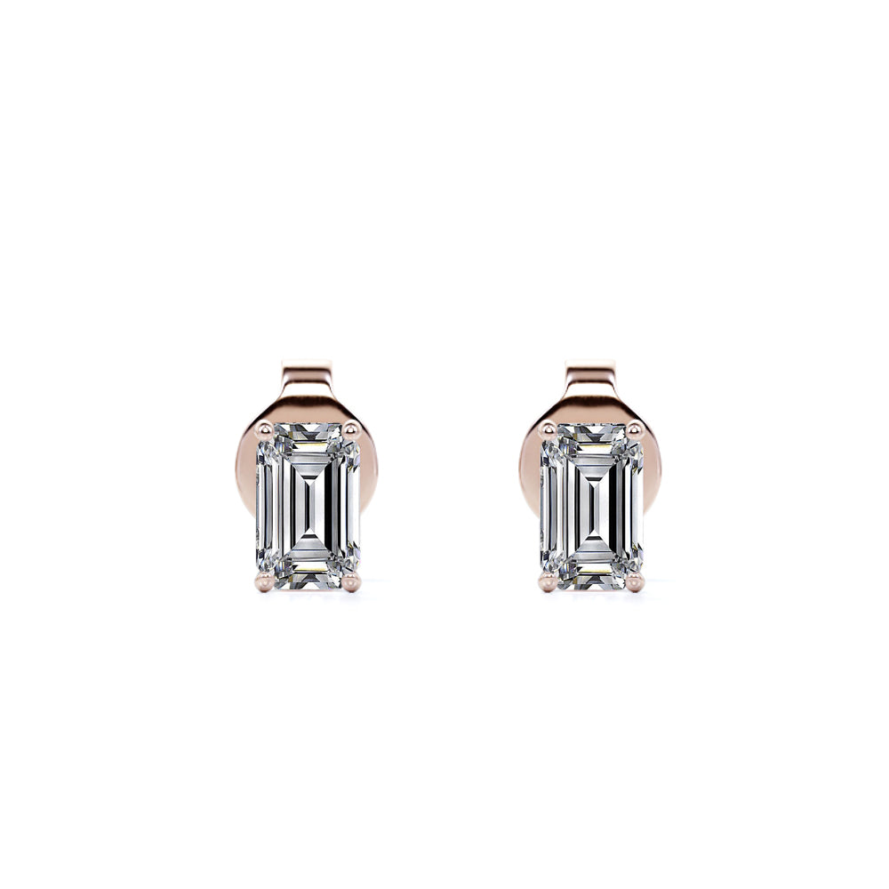 0.38 Carat Emerald Cut Diamond - Minimalist Solitaire Stud Earrings - 18K Rose Gold Plating Over Silver