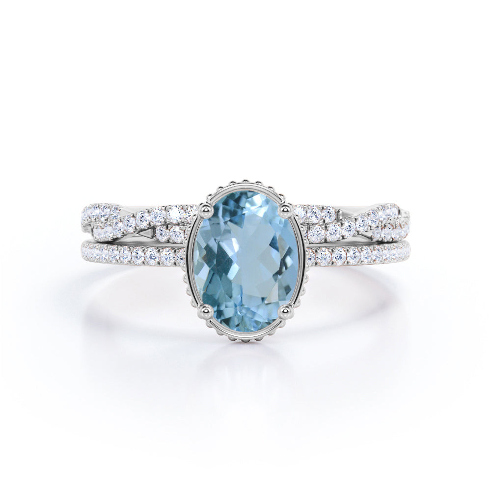 1.5 Carat Huge Oval Cut Aquamarine And Diamond Antique Wedding Ring Set In White Gold