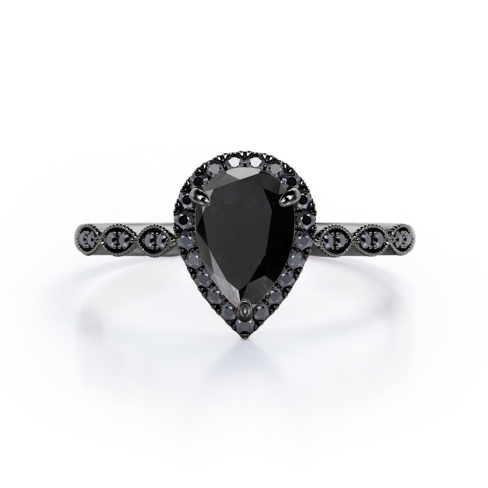 Art-Deco Filigree Milgrain 1.4 TCW Pear Cut Lab Created Black Diamond Halo Design Engagement Ring in White Gold