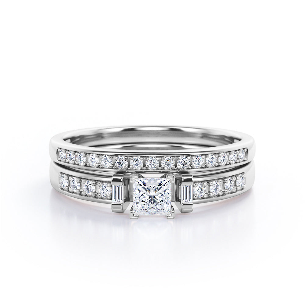 Pave-Channel 0.45 TCW Princess Cut Diamond Trilogy V-Prong Bridal Ring Set in White Gold