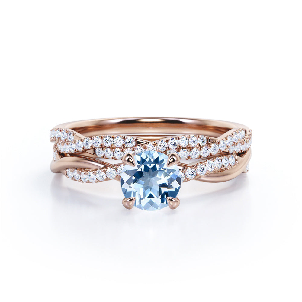 1.40 Carat Round Cut Aquamarine And Diamond Twisted Wedding Ring Set In White Gold