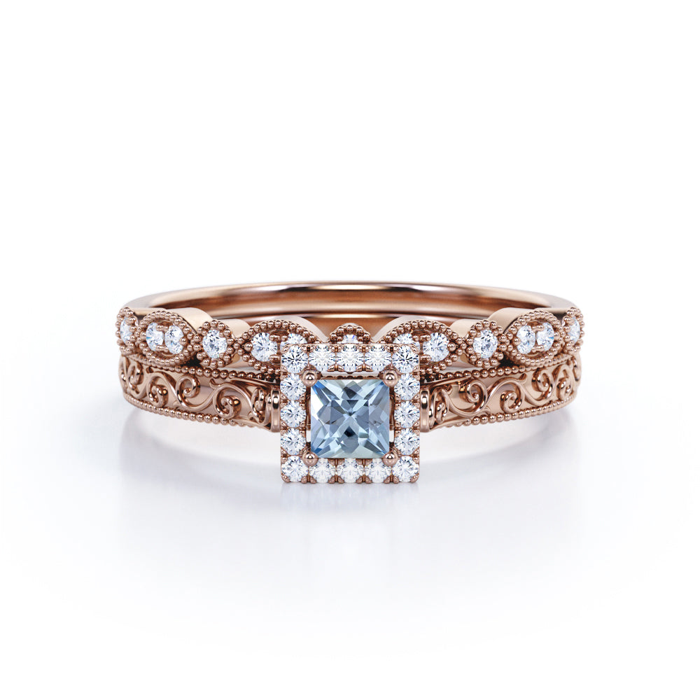 Vintage Filigree 0.6 Carat Princess Cut Aquamarine And Diamond Halo Wedding Ring Set In White Gold