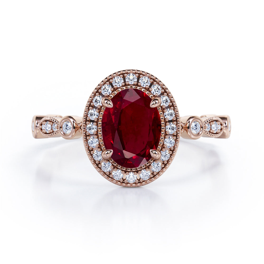 Vintage Halo 1.35 Carat Oval Cut Lab-Created Ruby And Diamond Art Deco Engagement Ring In Rose Gold