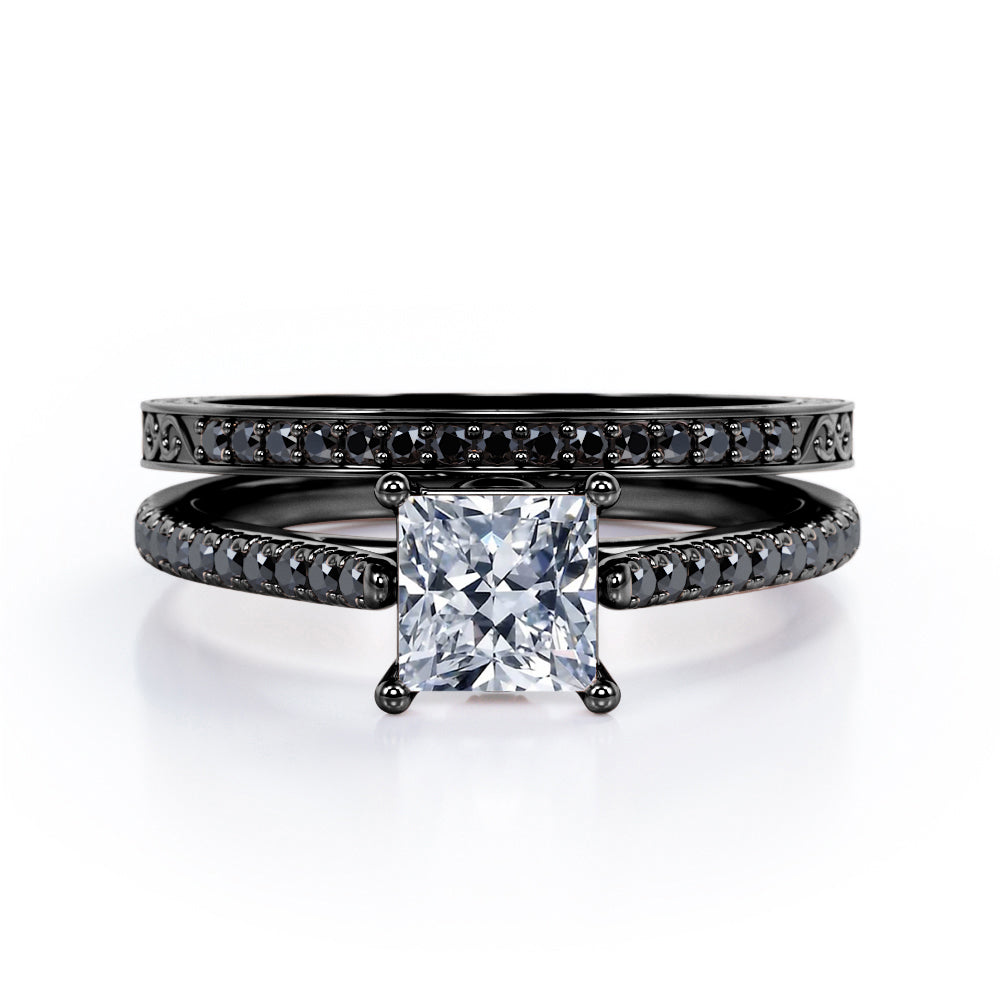 Art Deco Prong 0.65 TCW Princess Cut Diamond with Lab Created Black Diamond Bridal Set with Pave Accents in 10K White Gold