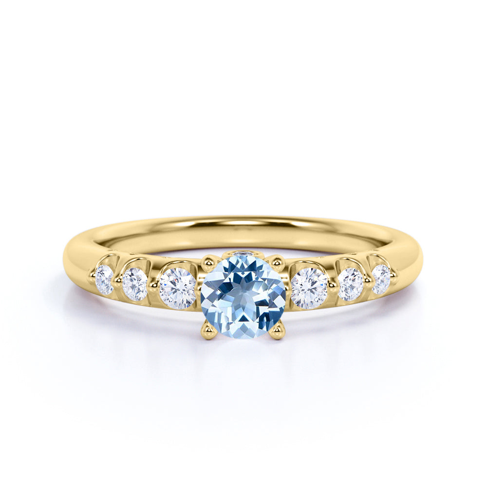 1 carat Round Light Blue Created Aquamarine 7 Stone Milgrain Engagement Ring in 18k Yellow Gold over Silver