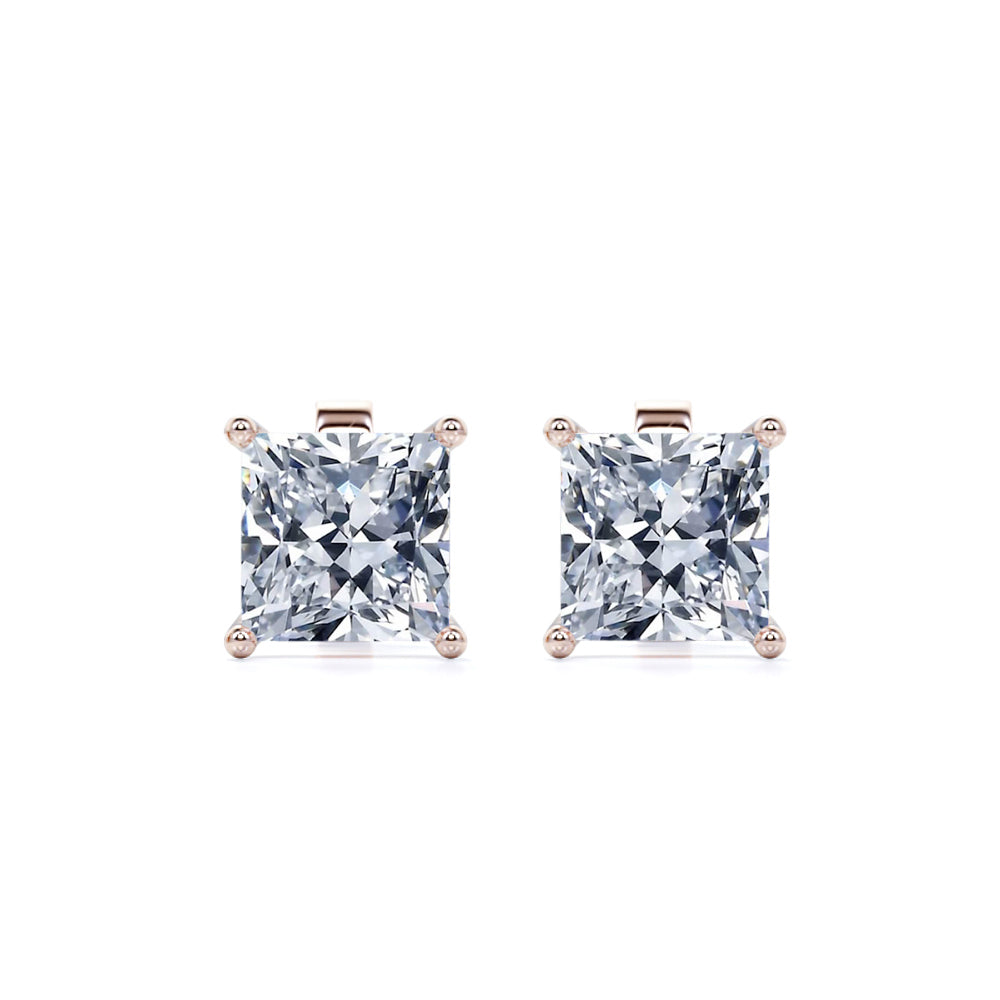 4 Prong - 1 Carat Princess Cut Diamond - Solitaire Stud Earrings - 18K Rose Gold Plating Over Silver