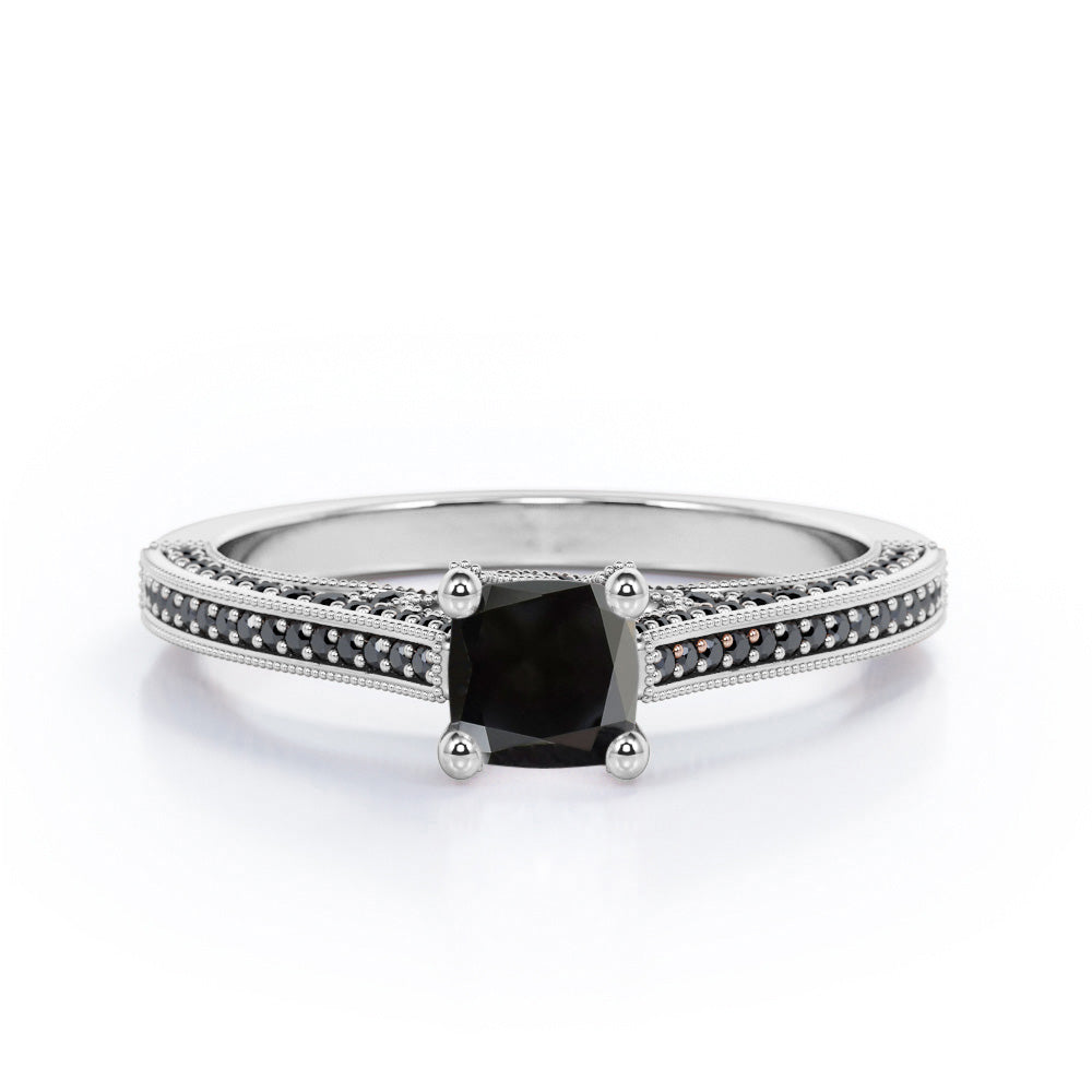 Three Sided Pave - 1.35 TCW Princess Cut Lab Created Black Diamond - Milgrain Decorated Engagement Ring in White Gold