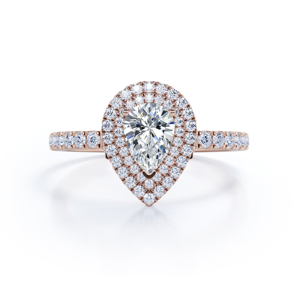 1.5 Carat Cubic Zirconia Pear Cut - Duo Halo Setting - Pave Design Engagement Ring - 18K White Gold Plating over Silver