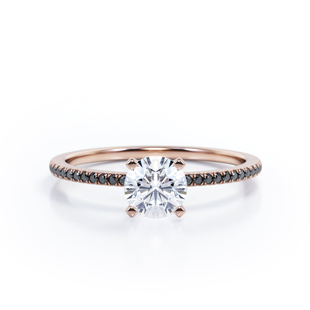 Perfect 4-Prong 1 TCW Round-Shaped Moissanite with Lab Created Black Diamond Pave-Accented Engagement Ring in Rose Gold