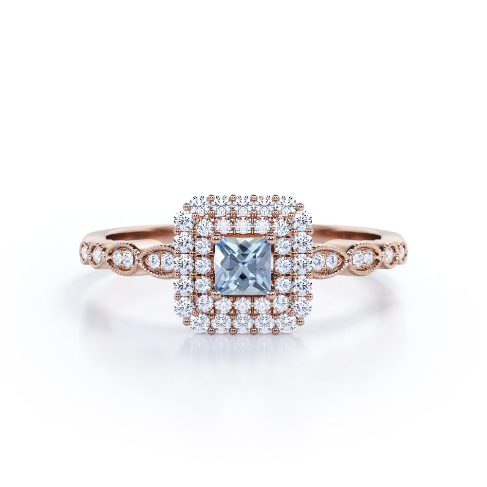 1.4 Carat Princess Cut Aquamarine And Diamond Cluster Engagement Ring In White Gold