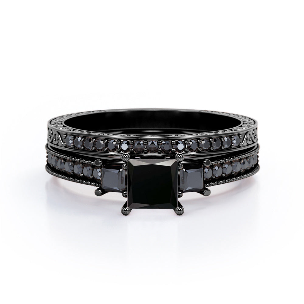 Art Deco 3-Stone 1 TCW Princess Cut Lab Created Black Diamond Cathedral Pave-Channel Wedding Ring Set in White Gold