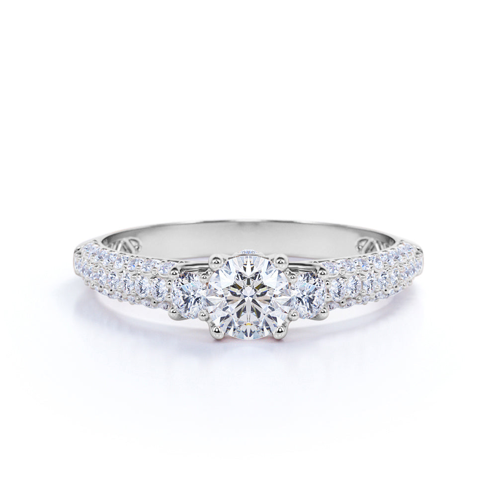 Stunning 1 Carat - Round Real 3 Stone Diamond Ring - Vintage Style - Micro Pave - Engagement Ring - 10K White Gold