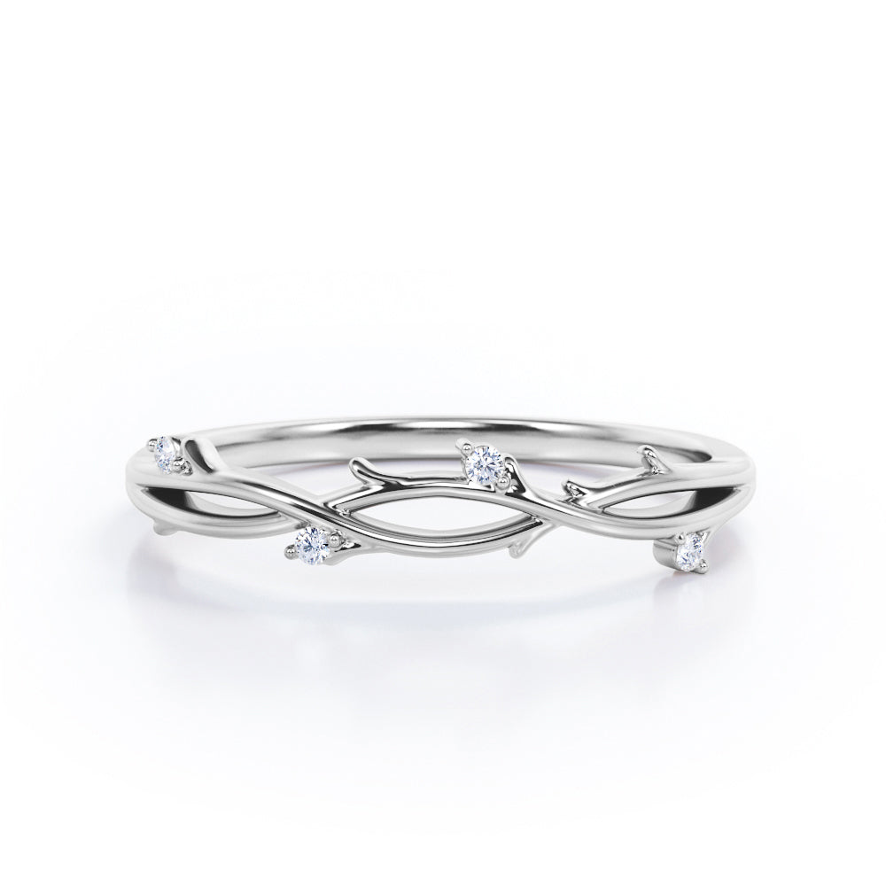 Nature Inspired - 0.10 TCW Round Cut Moissanite- Crossover Twig Stackable Ring - White Gold