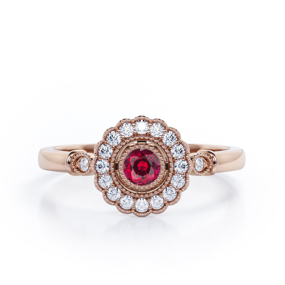 Milgrain Flower Halo 1.2 carat Carat Round Brilliant Cut Ruby Trilogy Bezel Engagement Ring in White Gold