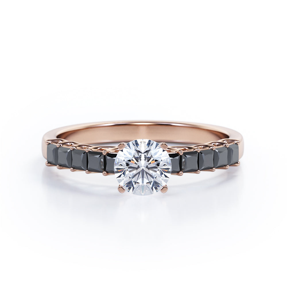 Shared Prong - 1.35 TCW Round Brilliant Cut Moissanite with Lab Created Black Diamond - Milgrain Bezel Engagement Ring in Rose Gold