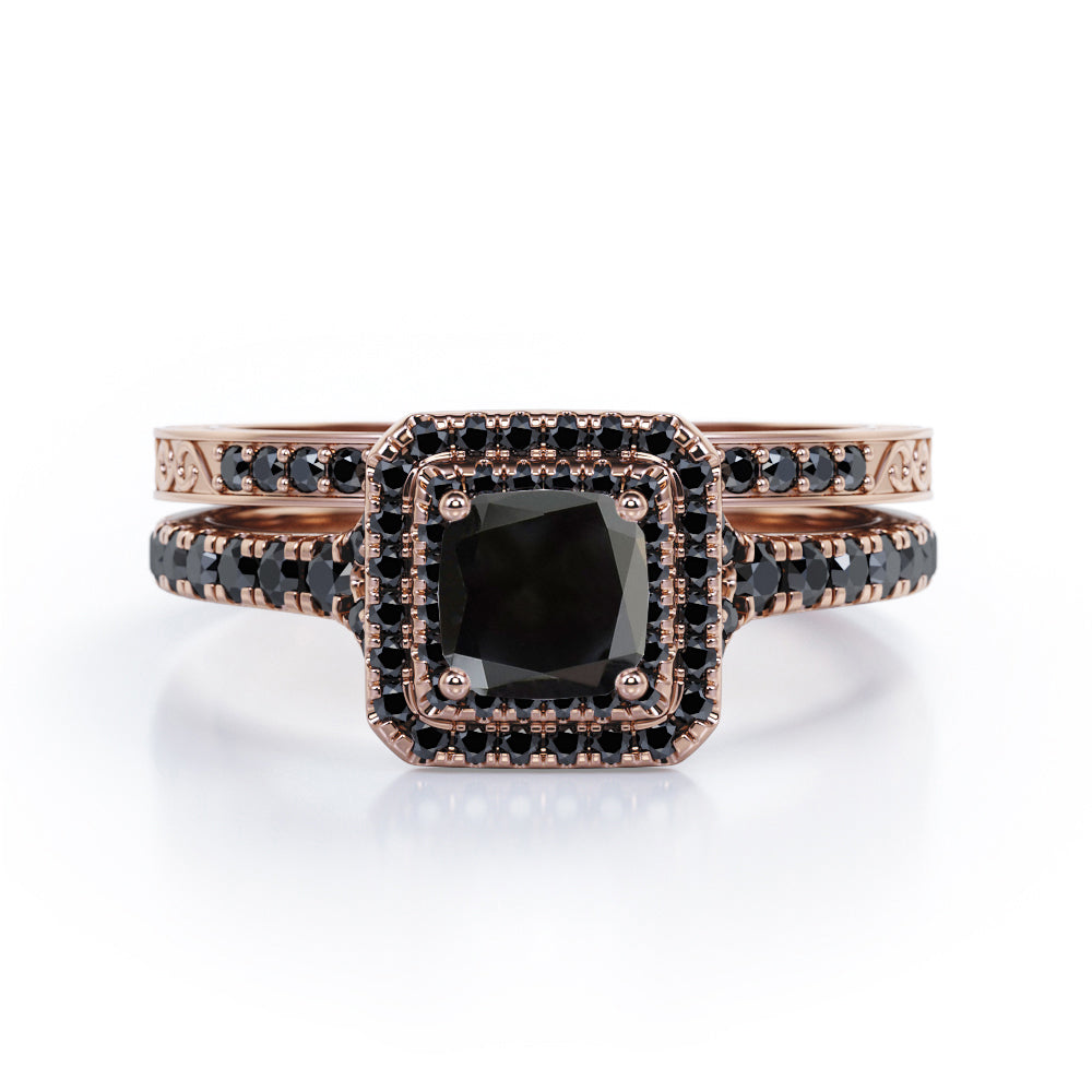 Art-Deco Pave Accented 1.7 TCW Princess Cut Lab Created Black Diamond Double Halo Bridal Ring Set in White Gold