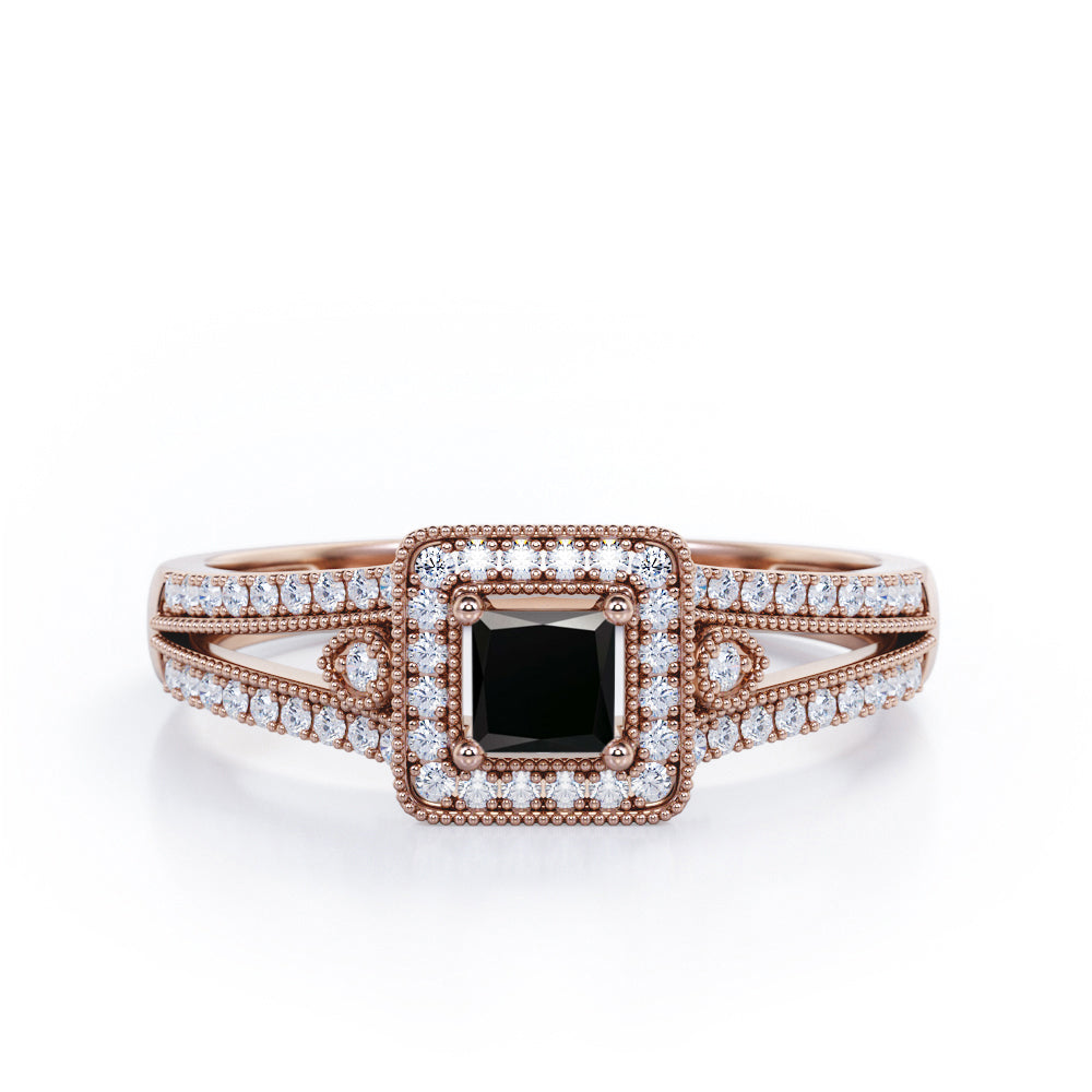 Split-Shanked Pave 1.55 Carat Princess Cut Black Diamond Milgrain-Bordered Halo Engagement Ring in White Gold