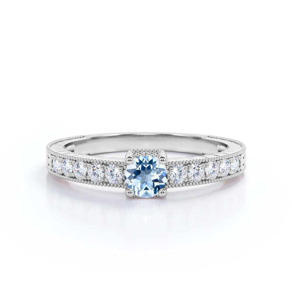 1.10 Carat Round Cut Aquamarine And Diamond Antique Engagement Ring In White Gold