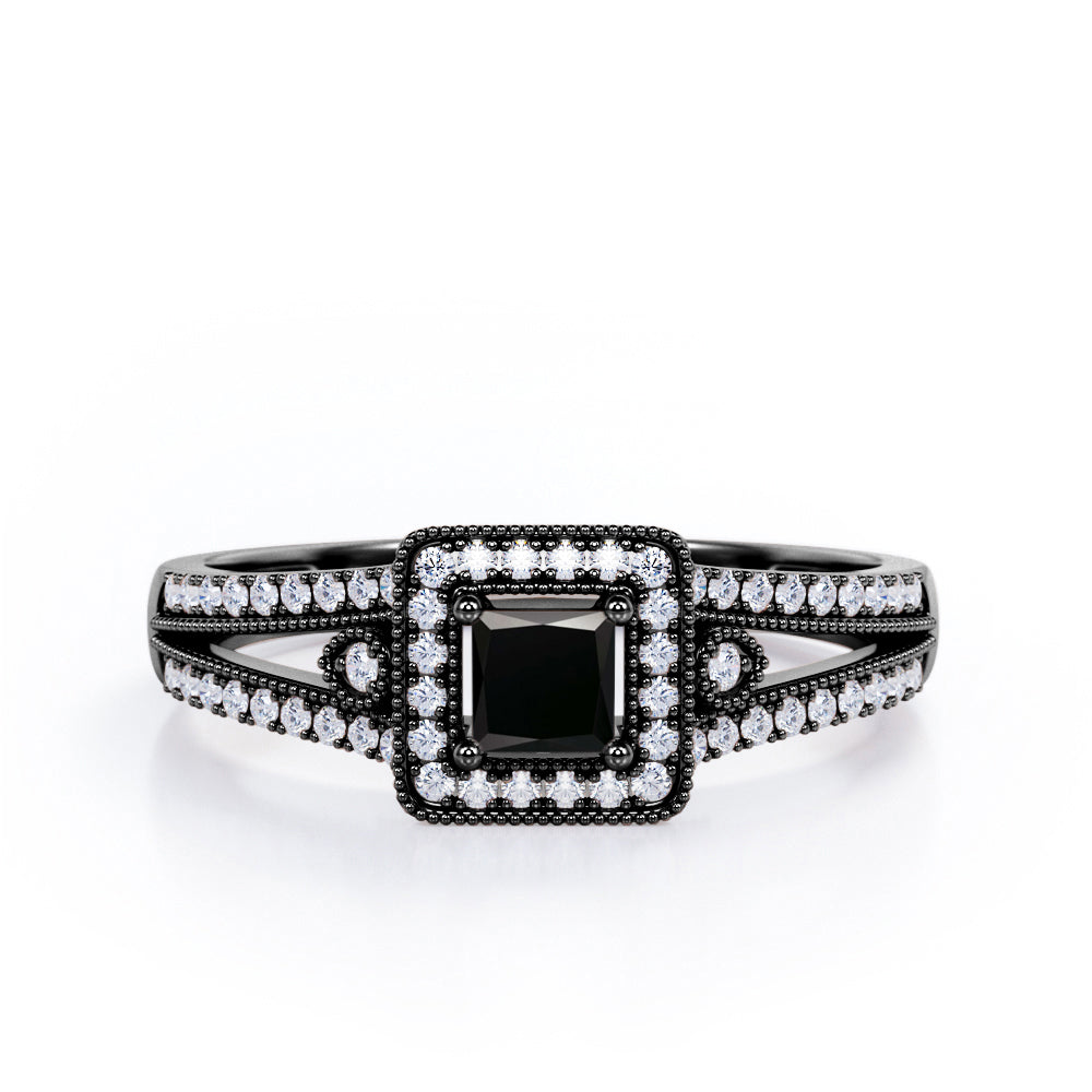 Split-Shanked Pave 1.55 Carat Princess Cut Black Diamond Milgrain-Bordered Halo Engagement Ring in White Gold