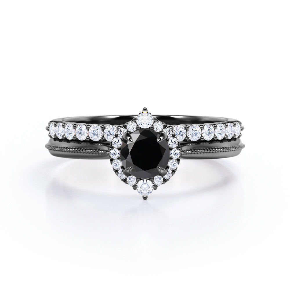 1.25 carat round cut Black Diamond filigree bridal set in white gold