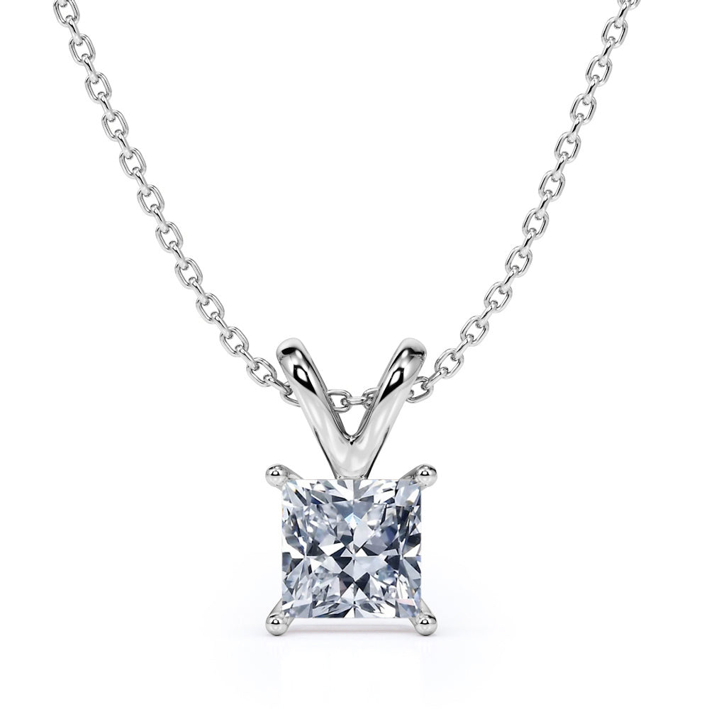 2 Carat Princess Cut Cubic Zirconia Solitaire Pendant Necklace in 18K White Gold over Brass