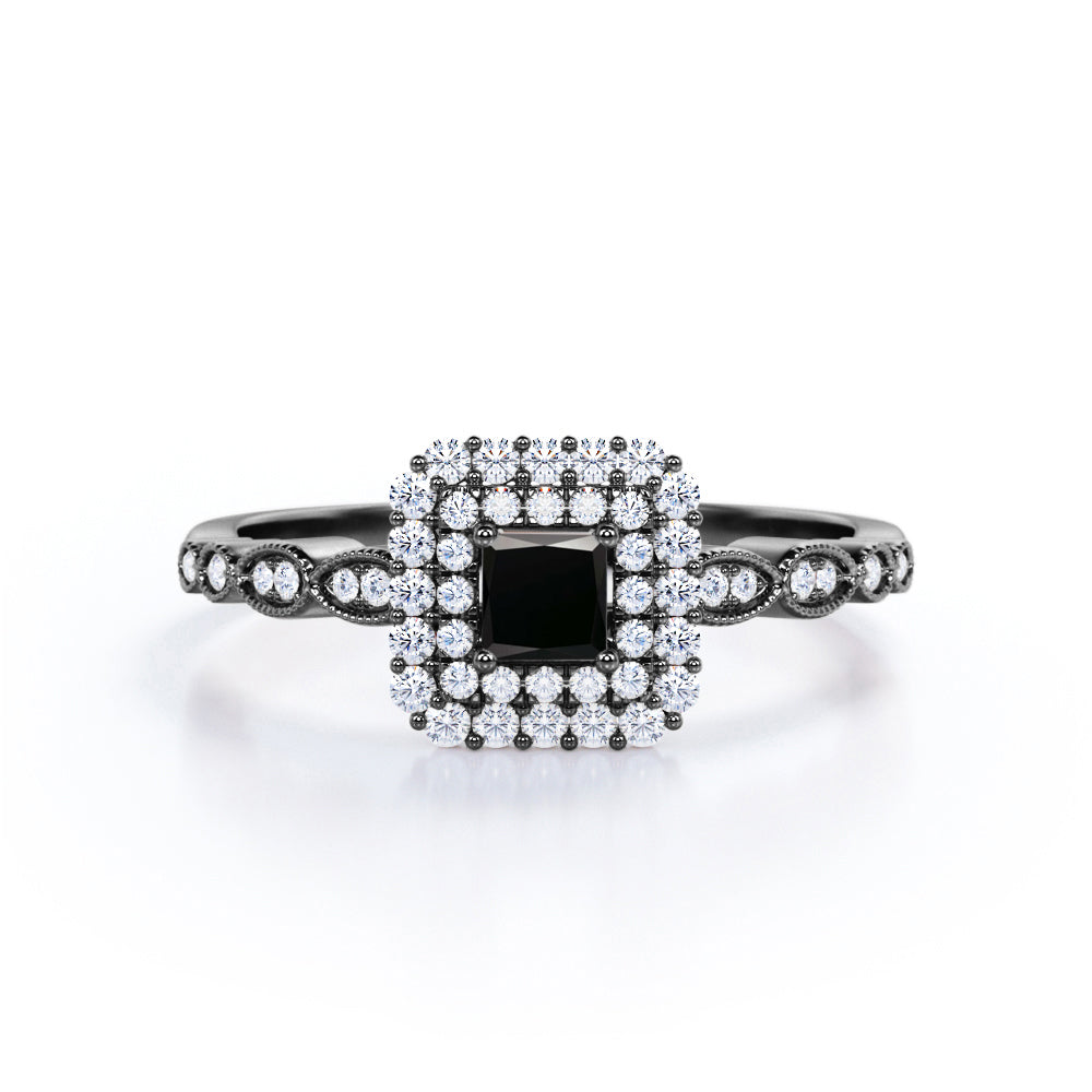 1.5 Carat Princess Cut Lab Grown Black Diamond Double Halo Cluster Engagement Ring In White Gold