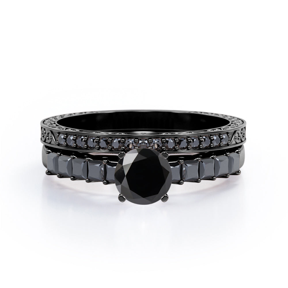 Art Deco Milgrain-Bezel 1.55 TCW Round Shaped Lab Created Black Diamond Shared-Prong Wedding Ring Set in White Gold