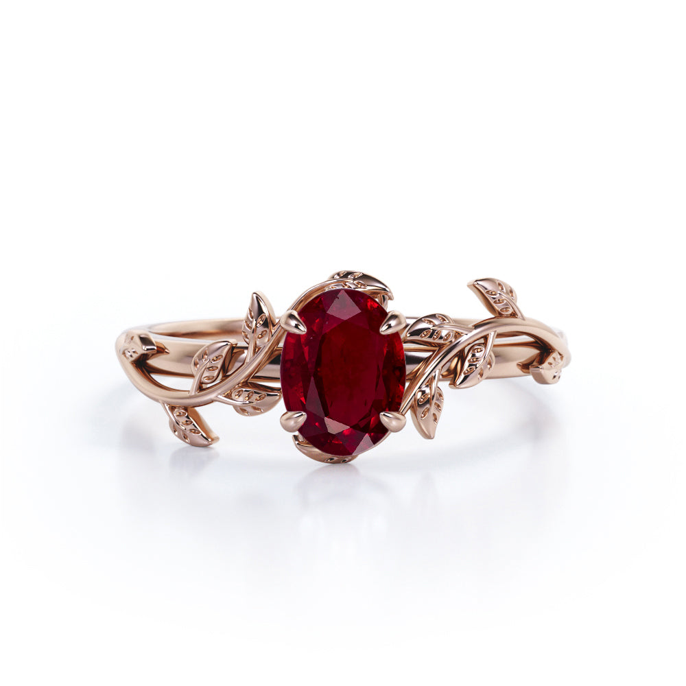 1 carat Oval Cut Lab-created Ruby Leaf Vine Engagement ring in White Gold