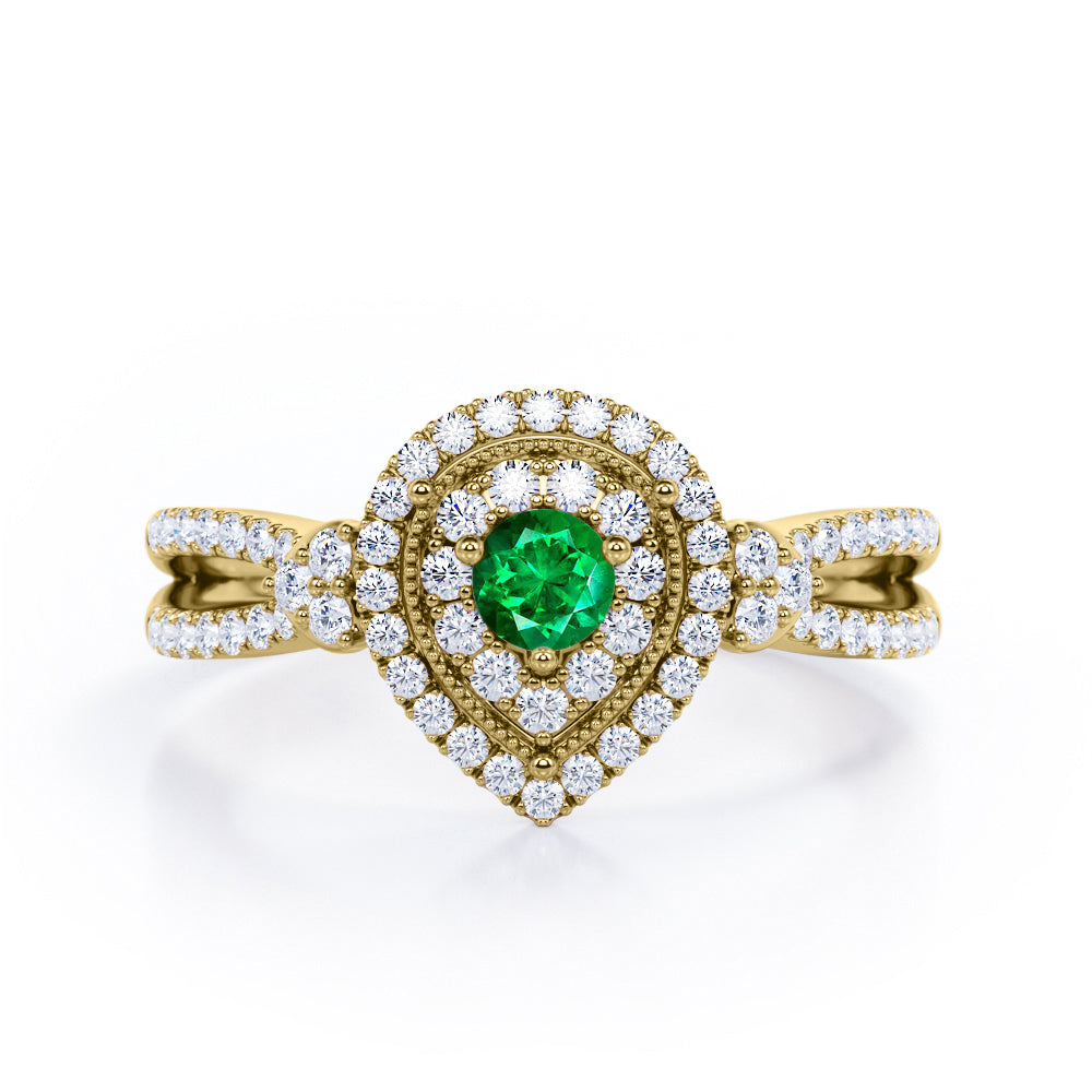 Pear-Shaped Double Halo - 1.7 Carat Round Cut Emerald and diamond - Pave Split Shank Engagement Ring in Yellow Gold