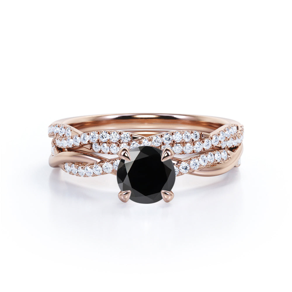 1.75 carat round cut Black Diamond twisted wedding ring set in white gold