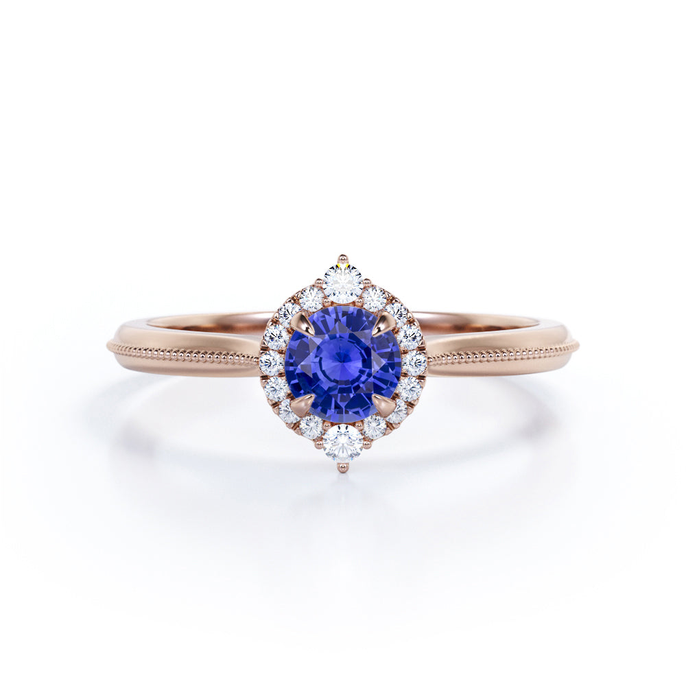 Petite Milgrain 0.70 carat Round Cut Lab-Created Sapphire and Diamond Halo Engagement ring in Rose Gold