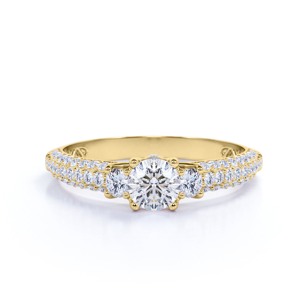 Stunning 1 Carat - Round Real 3 Stone Diamond Ring - Vintage Style - Micro Pave - Engagement Ring - 10K White Gold