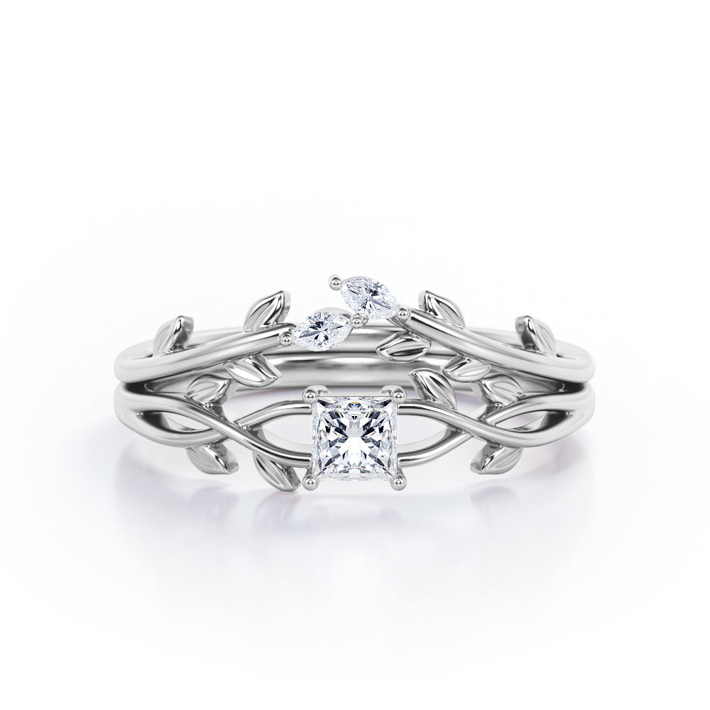 Nature-Inspired 0.35 TCW Princess Cut Diamond Branch Leaves Bridal Ring Set in White Gold