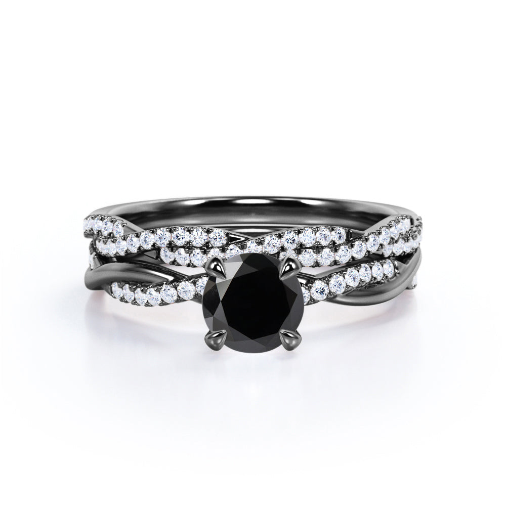 1.75 carat round cut Black Diamond twisted wedding ring set in white gold