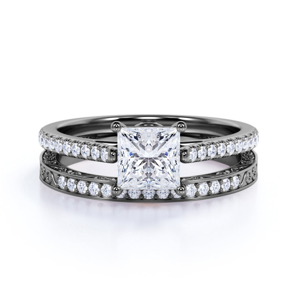 1.25 ct - Princess Cut Diamond - Pave Band - Simple Antique Engagement Ring Set - 10K White Gold