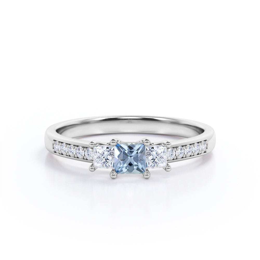 1.10 Carat Princess Cut Aquamarine And Diamond Pave Engagement Ring In White Gold