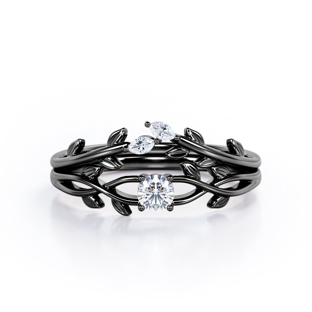 Nature-Inspired 0.35 TCW Round Brilliant Cut Diamond Branch Leaves Bridal Ring Set in White Gold