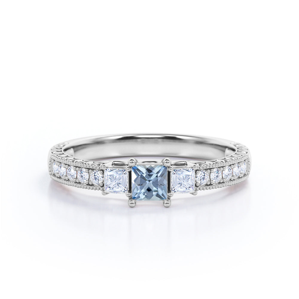 1.20 Carat Princess Cut Aquamarine And Diamond Beaded Pave Engagement Ring In White Gold