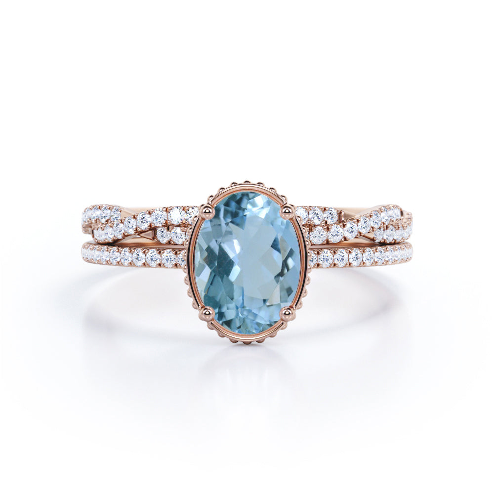 1.5 Carat Huge Oval Cut Aquamarine And Diamond Antique Wedding Ring Set In White Gold