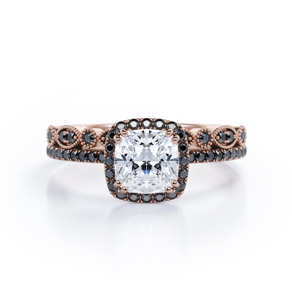 Pave-Accented Halo 1.6 TCW Cushion Cut Moissanite with Lab Created Black Diamond Milgrain Filigree Wedding Ring Set in Rose Gold