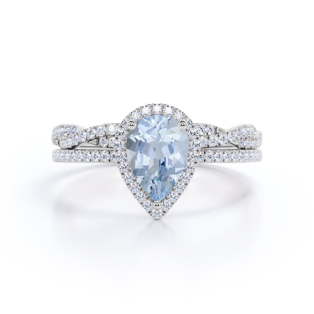 1.65 Carat Pear Cut Aquamarine And Diamond Halo Wedding Ring Set In White Gold