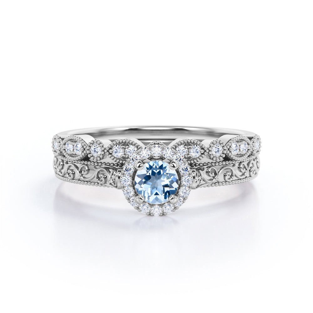 Vintage 1.15 Carat Round Cut Aquamarine And Diamond Art Deco Wedding Ring Set In White Gold