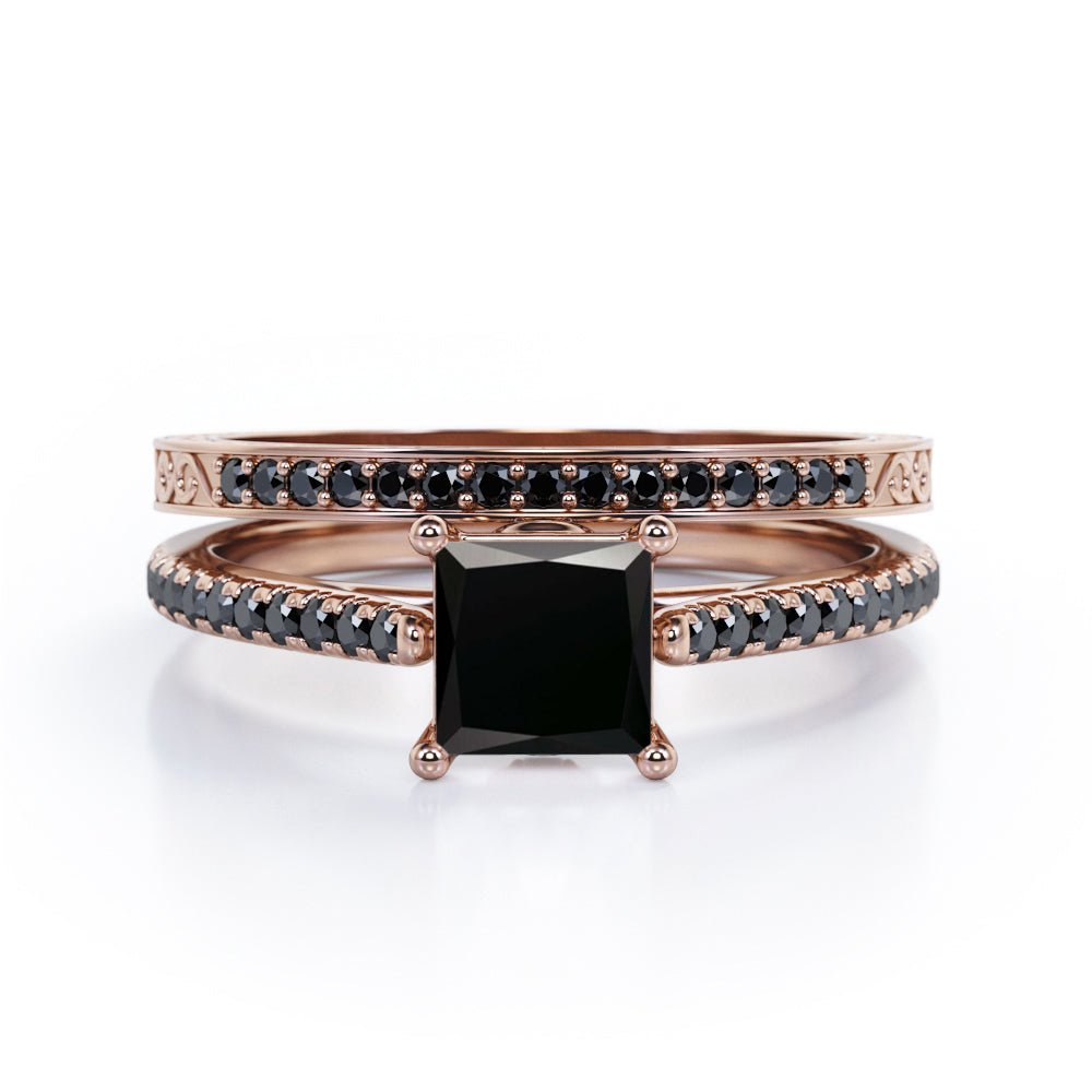 Art Deco Prong 1.5 TCW Princess Cut Lab Created Black Diamond Bridal Set with Pave Accents in White Gold