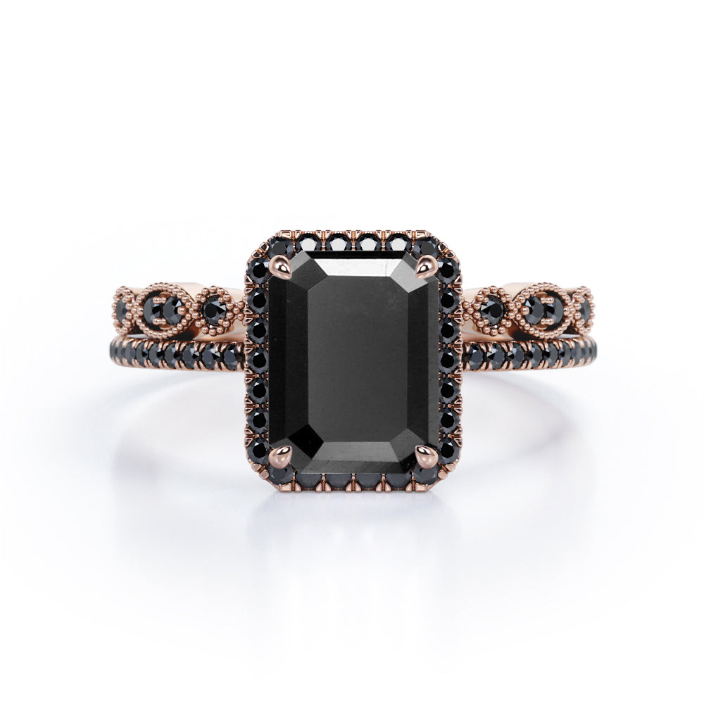 Art Deco Filigree Milgrain 1.65 TCW Emerald Cut Lab Created Black Diamond Halo-Style Wedding Set in White Gold