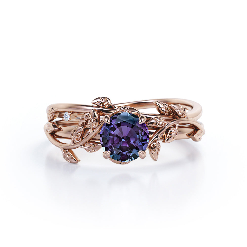 0.50 Carat - Round Cut Lab Created Alexandrite Ring Set - Leaf & Vine Wedding Ring Set - 18K Black Gold Plating Over Silver