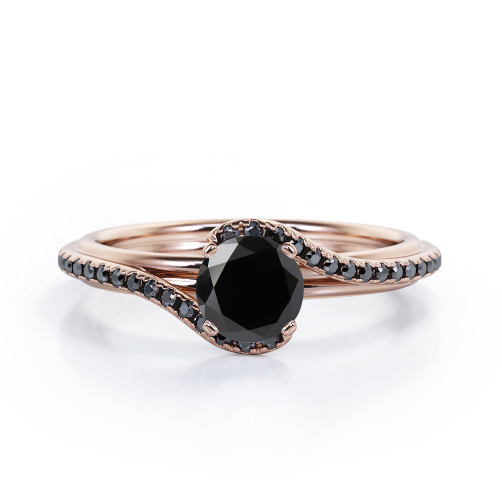 Overlay Double Banded - 1.25 TCW Round Cut Lab Created Black Diamond - Tension Pave Engagement Ring in White Gold