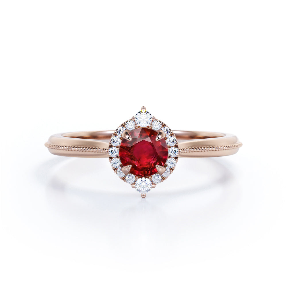 Vintage Milgrain 1.10 carat Round Cut Lab-Created Ruby and Diamond Halo Engagement ring in Rose Gold